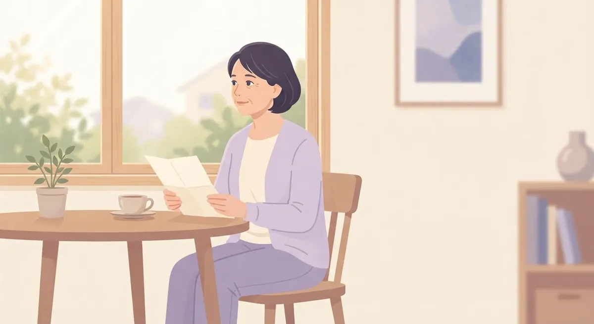 窓辺で手紙を読む女性のイラスト