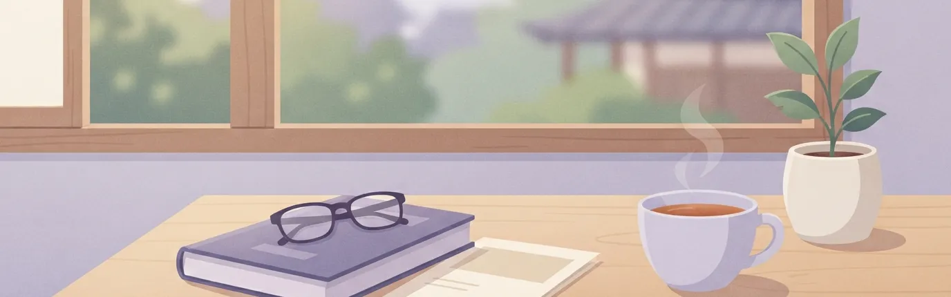 窓辺の机に置かれた眼鏡と本とお茶のイラスト
