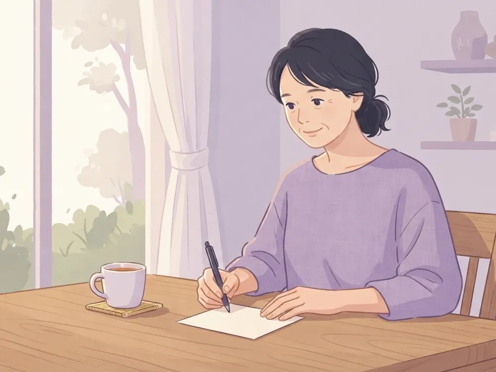 机でメモを書く女性のイラスト