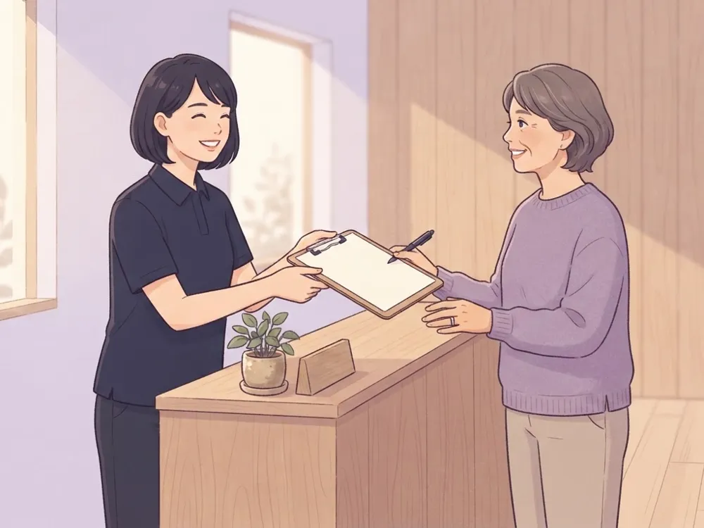 受付でスタッフから用紙を受け取る女性のイラスト