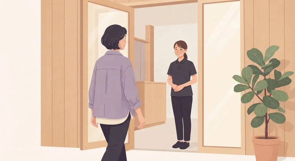 施設の入口でスタッフに迎えられる女性のイラスト